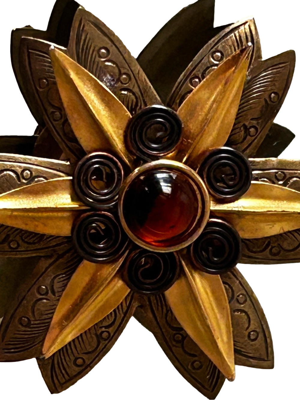 Vintage Gold Daisy Flower Broach Cabochon Bronze Amber